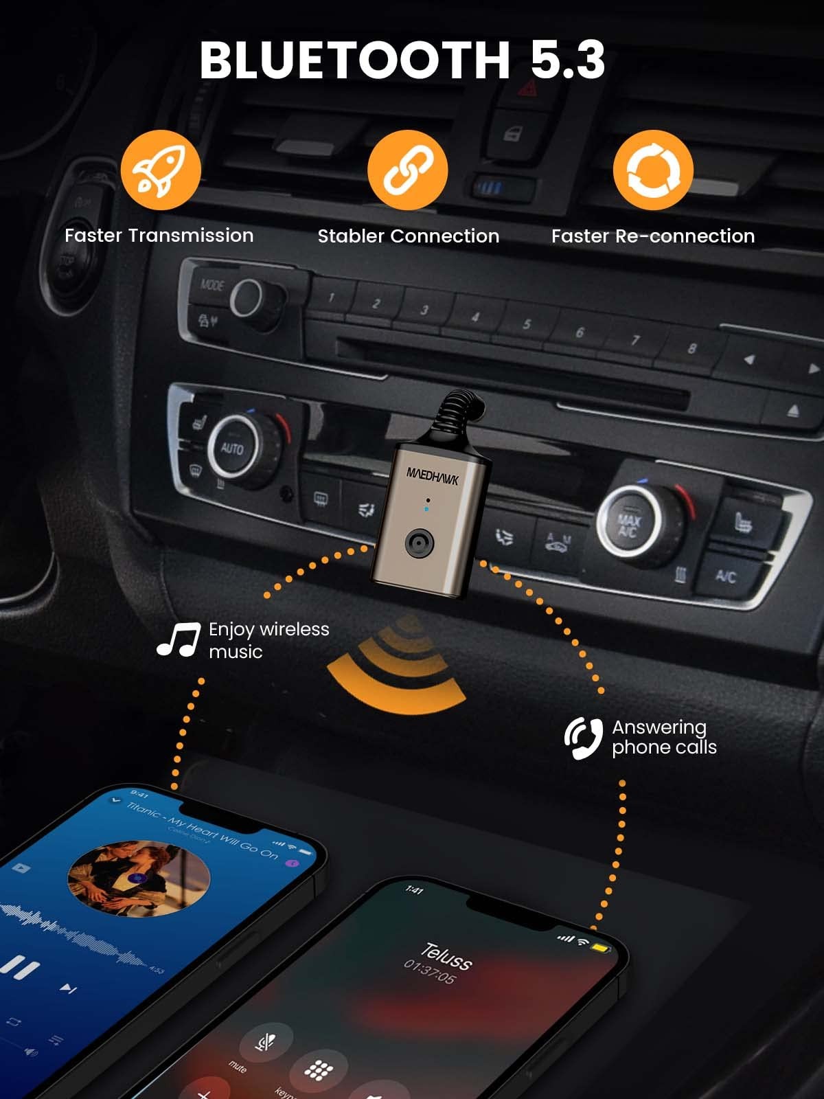 Portable Bluetooth 5.3 Wireless Audio Receiver, Rotatable 3.5mm Adapter for C…