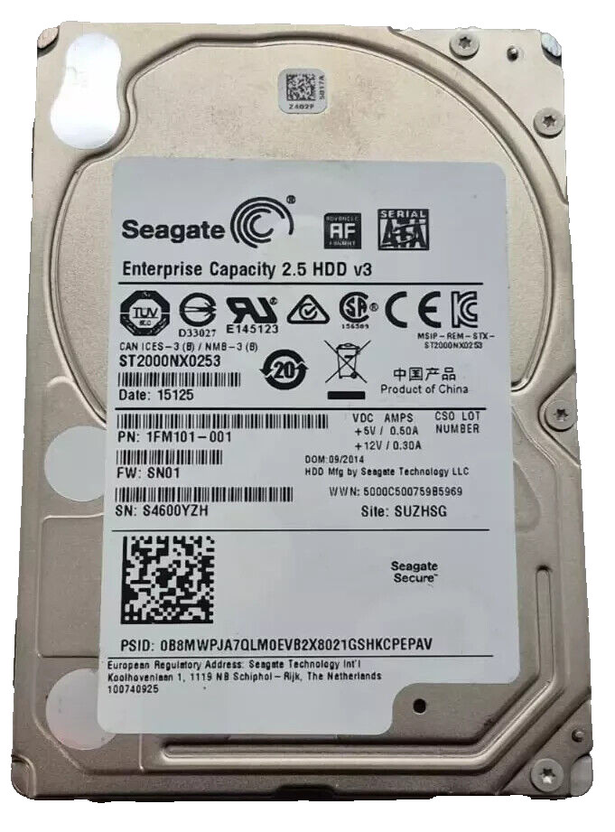 Seagate Enterprise Capacity ST2000NX0253 2TB SATA 2.5″ HDD v3 PN 1FM101-002