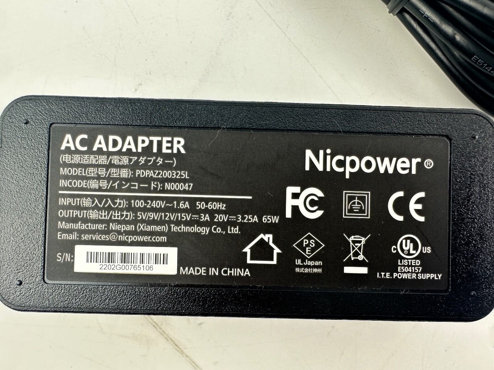 NICPOWER 20V 3.25A 65W AC ADAPTER PDPAZ200325L