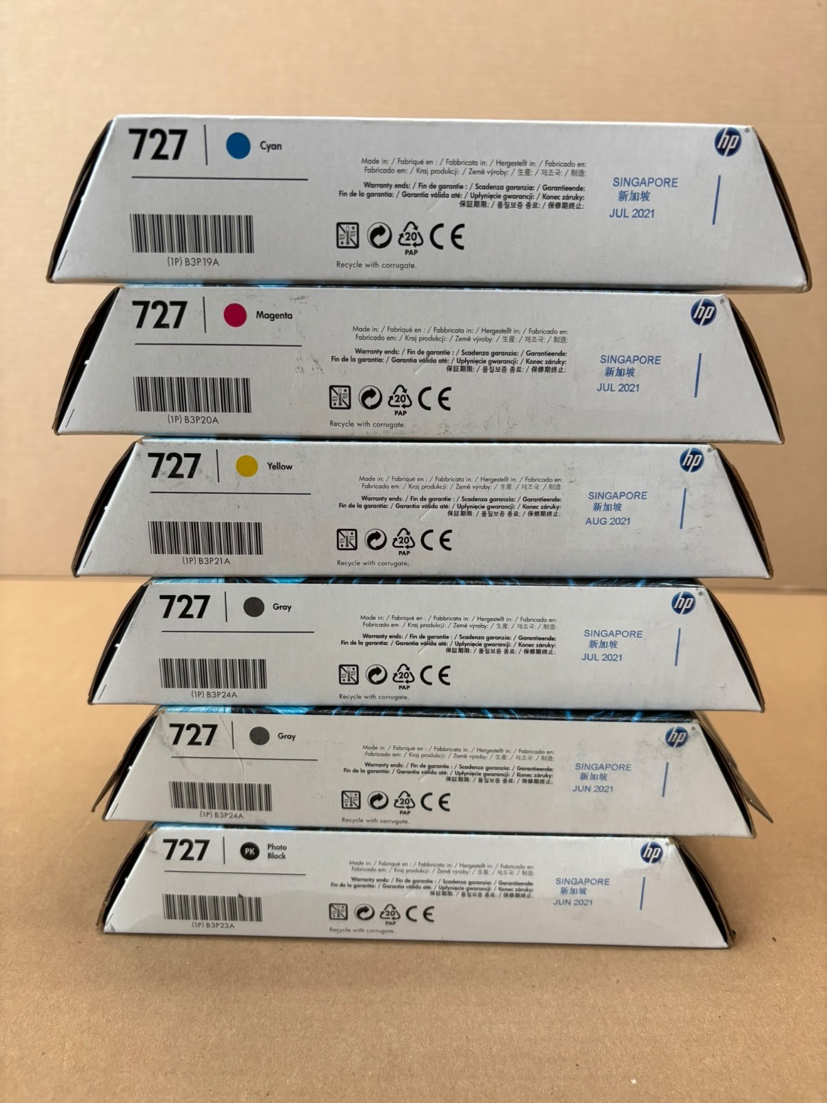 6 OEM HP 727 DJT900, T1500 C,M,Y,G,G,PK inks B3P19A,20A,21A,23A,24A (2021)