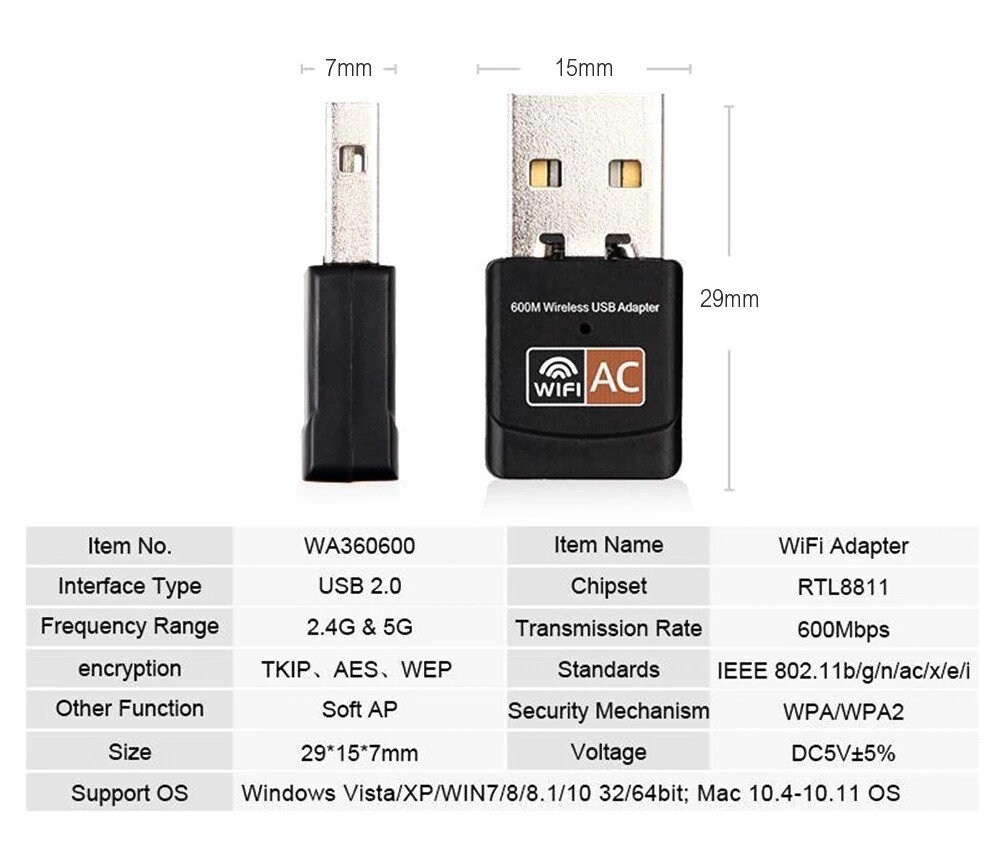 600Mbps Wireless USB Ethernet PC WiFi AC Adapter Lan 802.11 Dual Band 2.4G / 5G