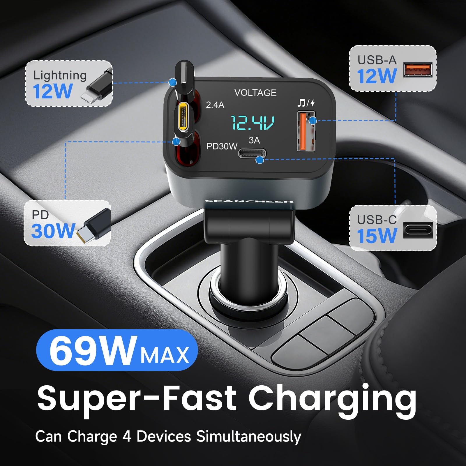 Car Bluetooth Adapter & Car Charger USB C, 69W Cigarette Lighter Adapter with…