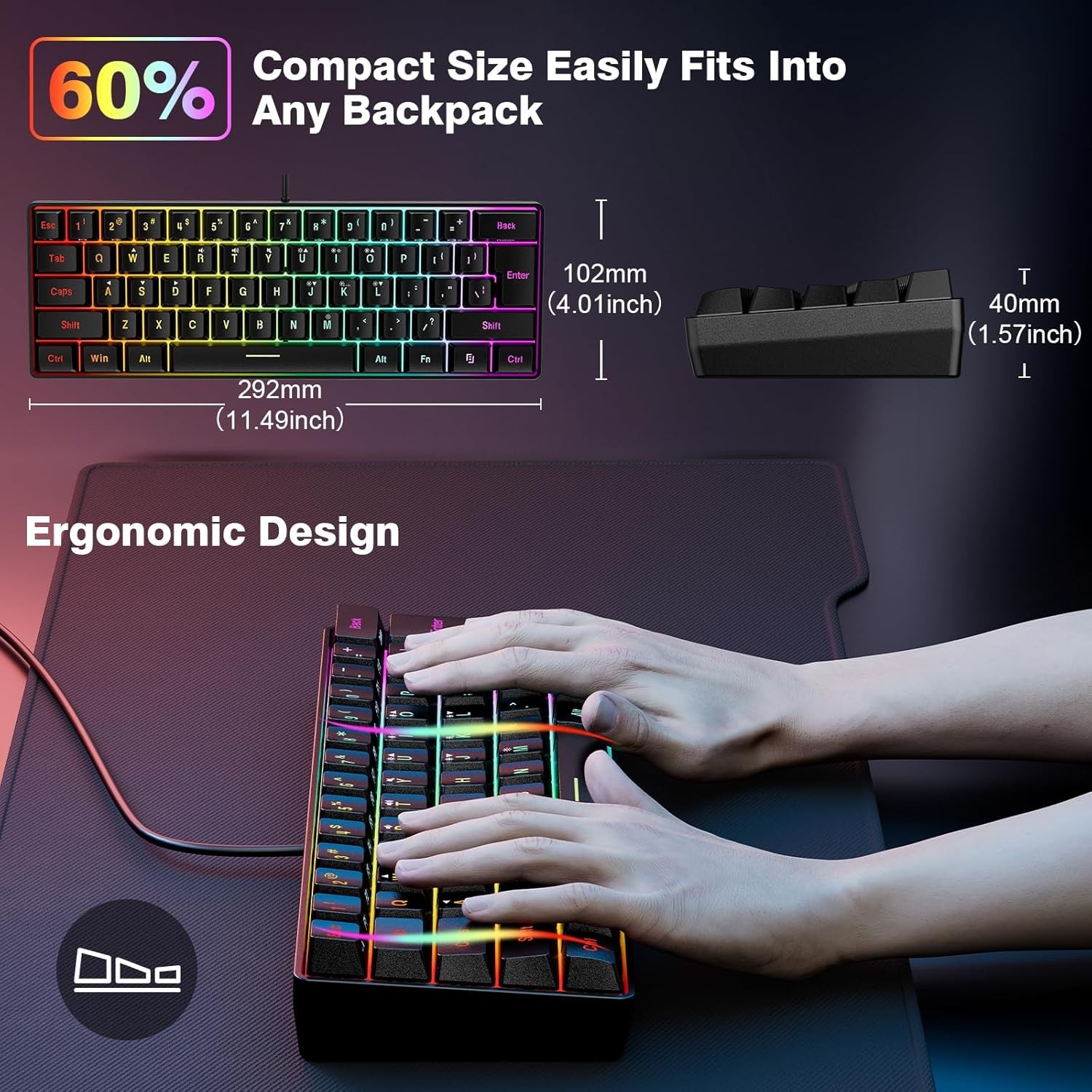 Snpurdiri 60% Wired Gaming Keyboard, RGB Backlit Ultra-Compact Mini Keyboard