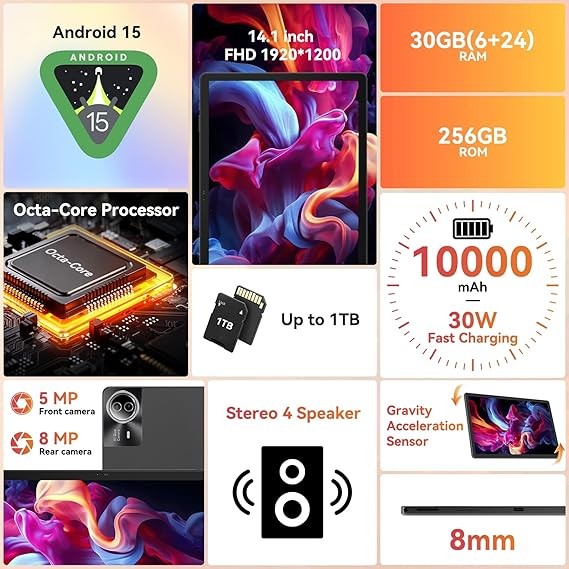 Android 15 14inch Large Tablet, 30GB+256GB,1920×1200 IPS 10000mAh WiFi 5G 8-Core
