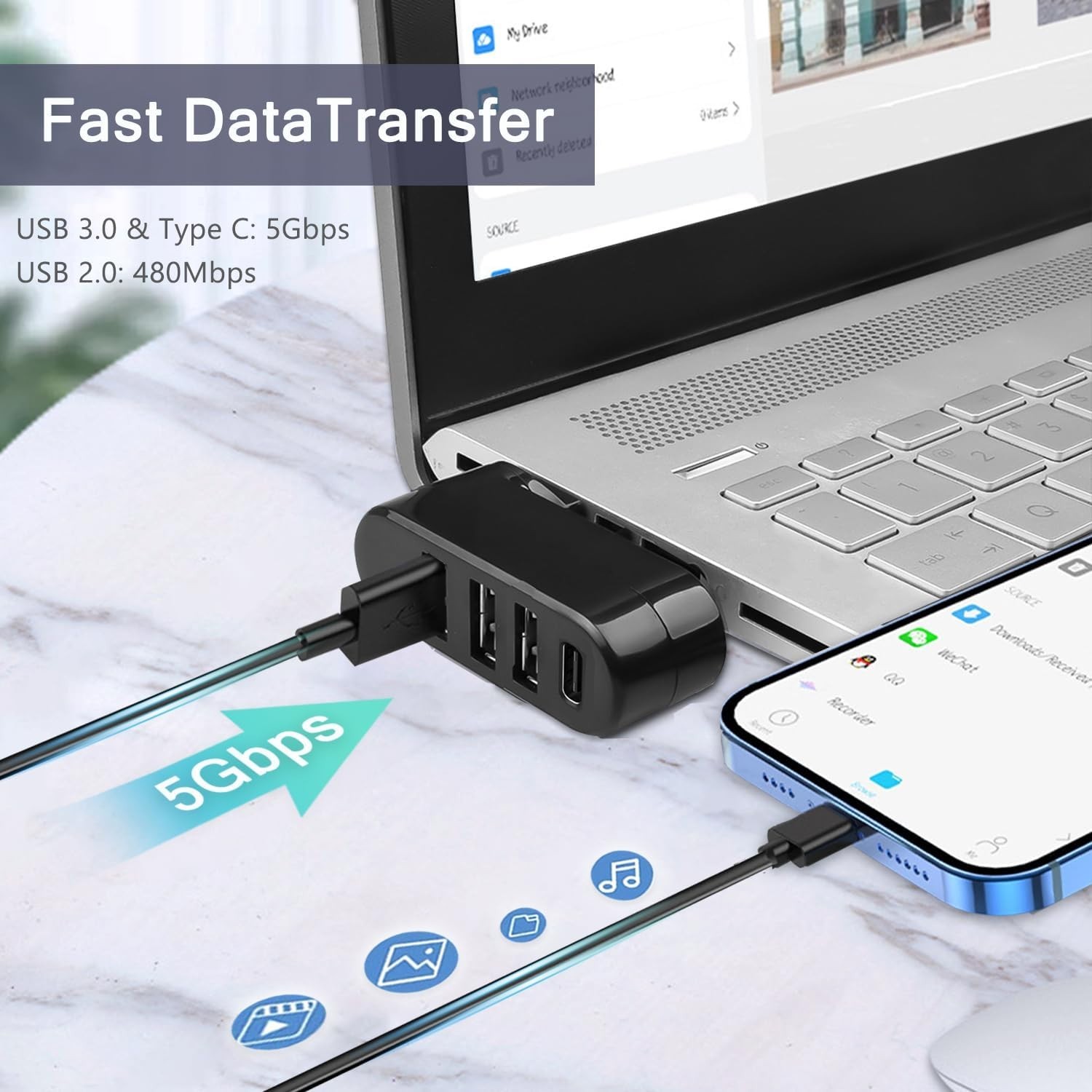 4-Port USB 3.0 Hub – Rotatable Design & 5W USB C Power Adapter for Versatility