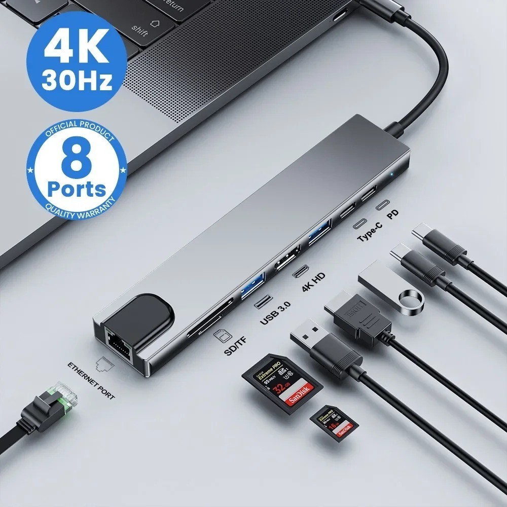 8 in 1 USB-C Hub Type C To USB 3.0 4K HDMI PD Adapter For iPhone Macbook Pro/Air