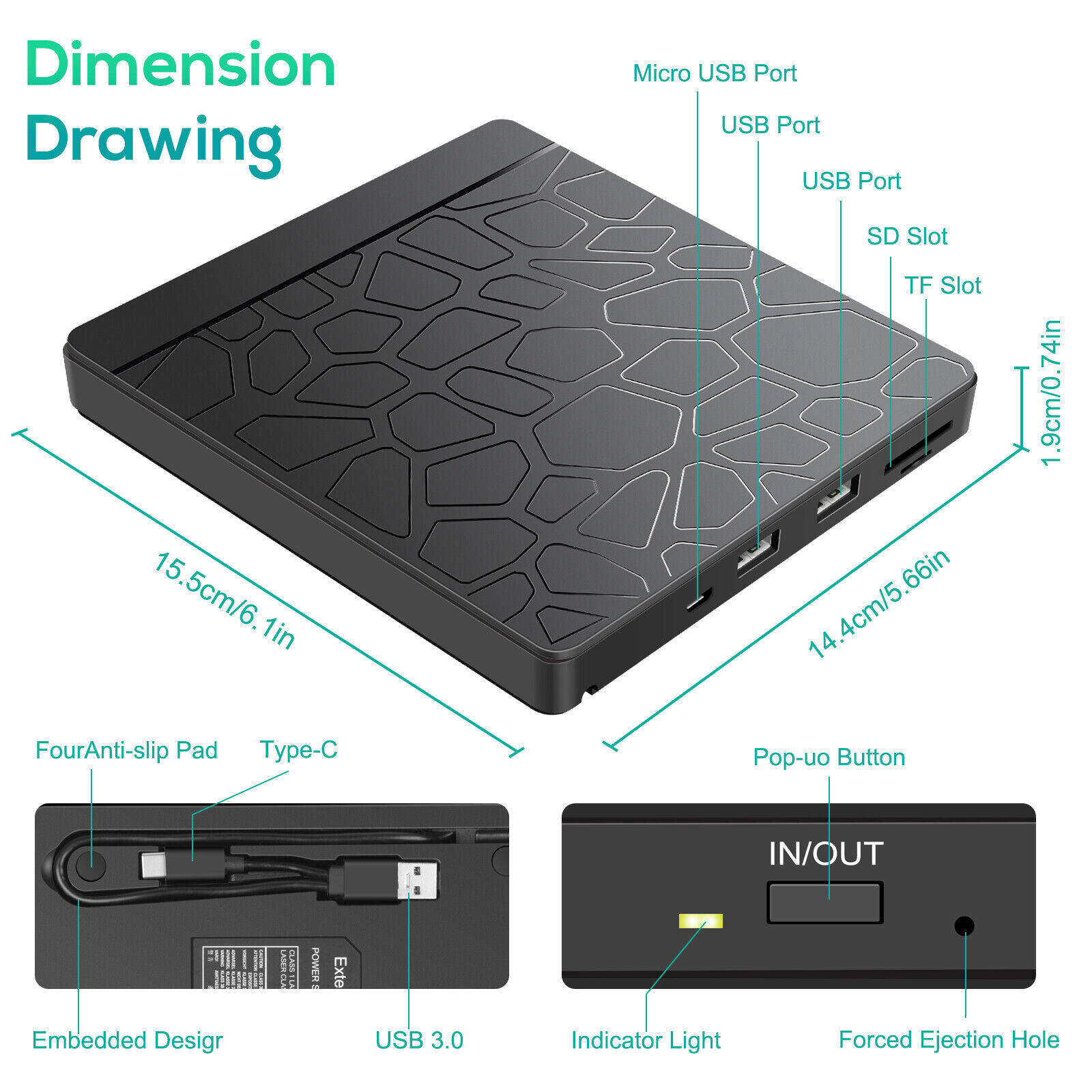 7 in 1 Slim External CD DVD Drive USB 3.0 USB C Disc Player Burner Writer Laptop