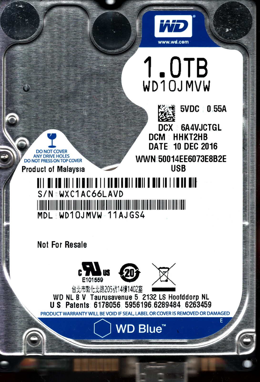WD10JMVW-11AJGS4 S/N: WXC1A HHKT2HB WESTERN DIGITAL 1TB MALAYSIA DEC 2016