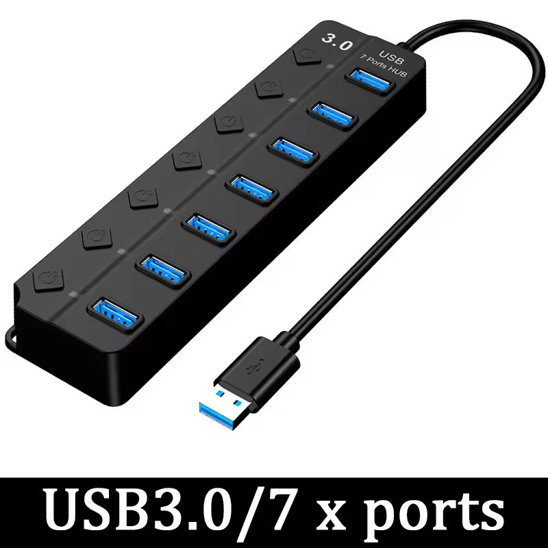 7 Port USB 3.0 Hub Splitter Adapter On/Off Switch High Speed For PC Laptop Mac