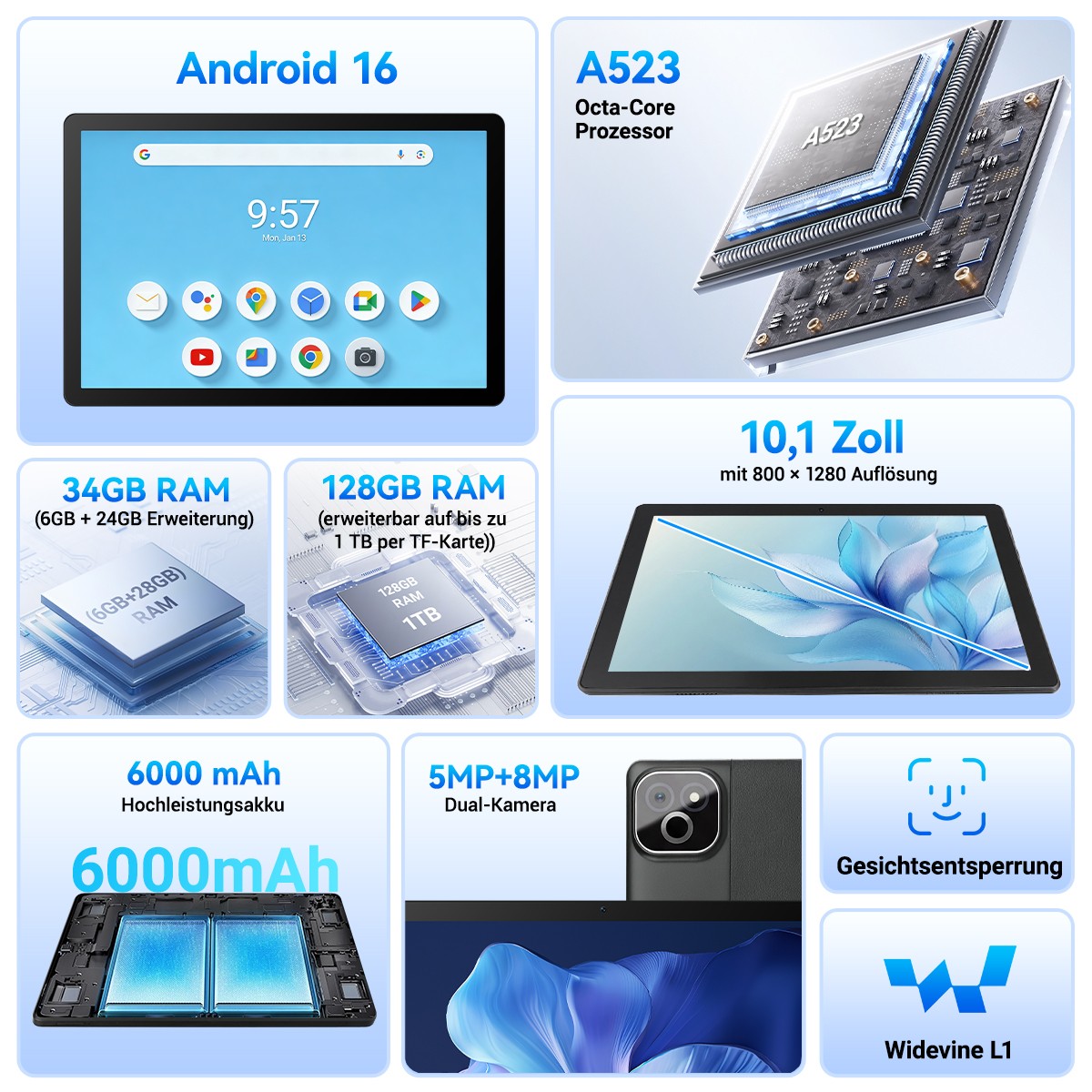 2026 Android 16 Tablet 10.1″ 34GB+128GB/1TB Octa Core 6000mAh Dual Camera Touch