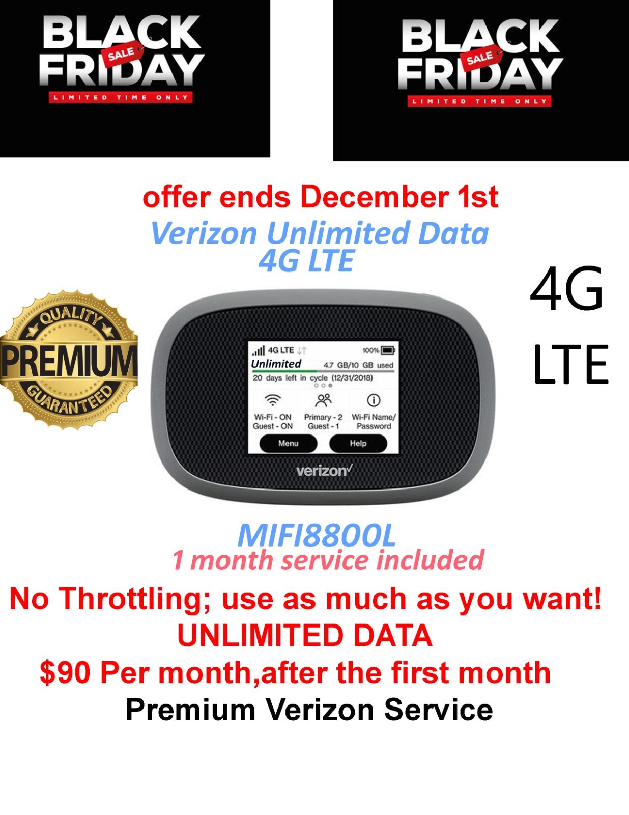 mifi 8800l Verizon Unlimited Data 4G LTE Hotspot 30 DAYS of Full UNLIMITED DATA,