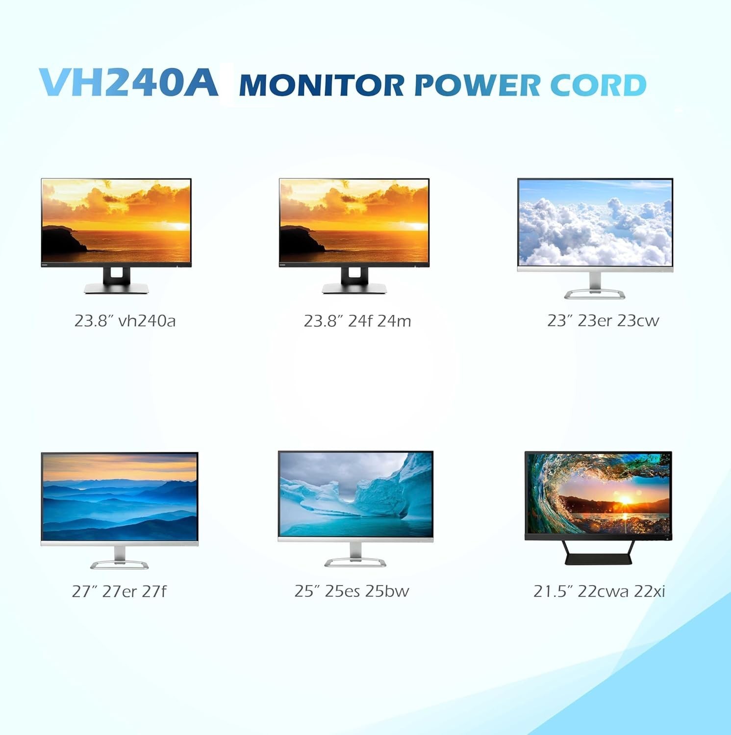 VH240A Power Cord for HP Monitor 27in 25in 24in 23in Adapter Charger