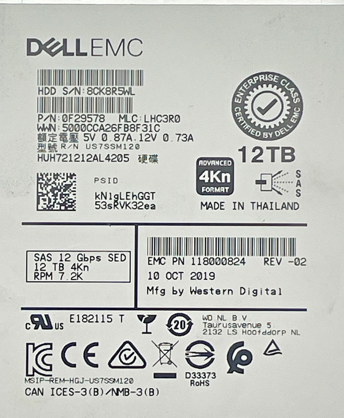 Dell EMC 12TB SAS 12Gb/s 7.2K 3.5″ EMC12T0 H5H72121 Grade B 50K-70K POH