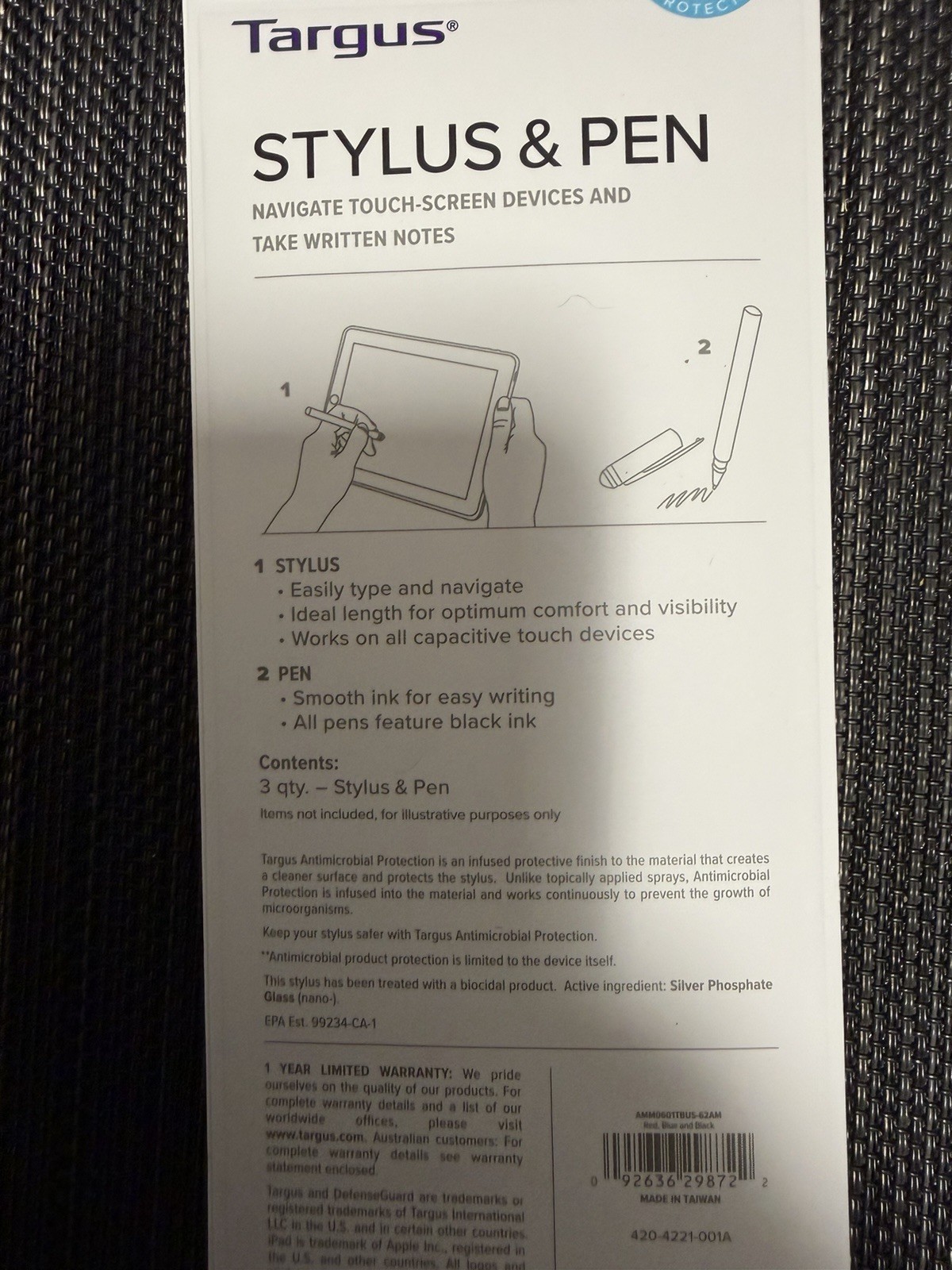 Targus AMM0601TBUS Antimicrobial Stylus & Pen (3 Pack) – Black, Red, Blue