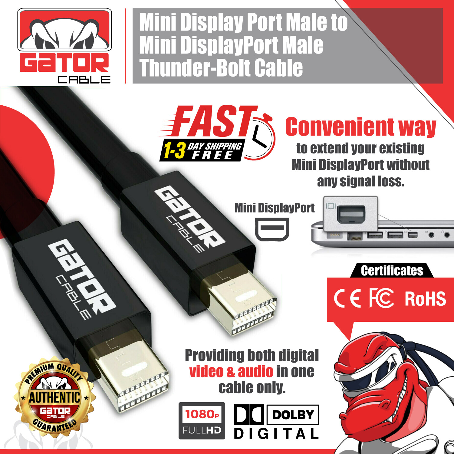 Mini DisplayPort DP to Mini DisplayPort DP Cable 4K 60Hz Video Audio UHD For Mac