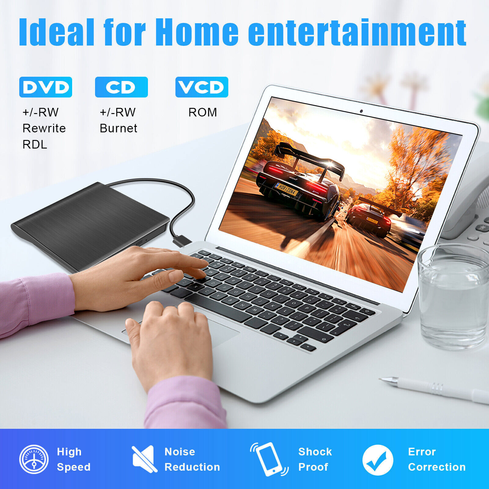 7 in 1 Slim External CD DVD Drive USB 3.0 USB C Disc Player Burner Writer Laptop