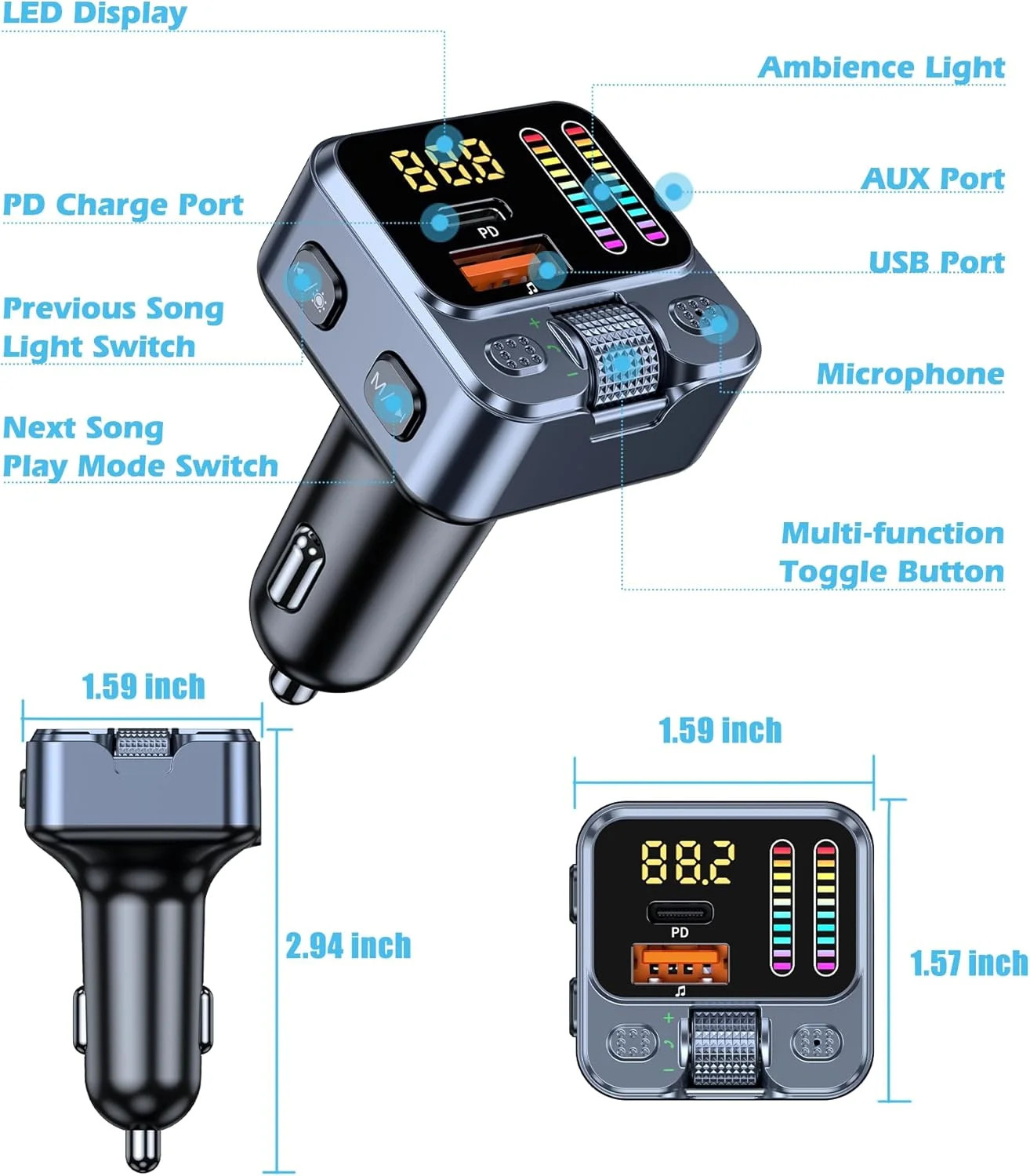 Bluetooth 5.3 FM Transmitter Car Adapter 42W PD Fast Charger Handsfree