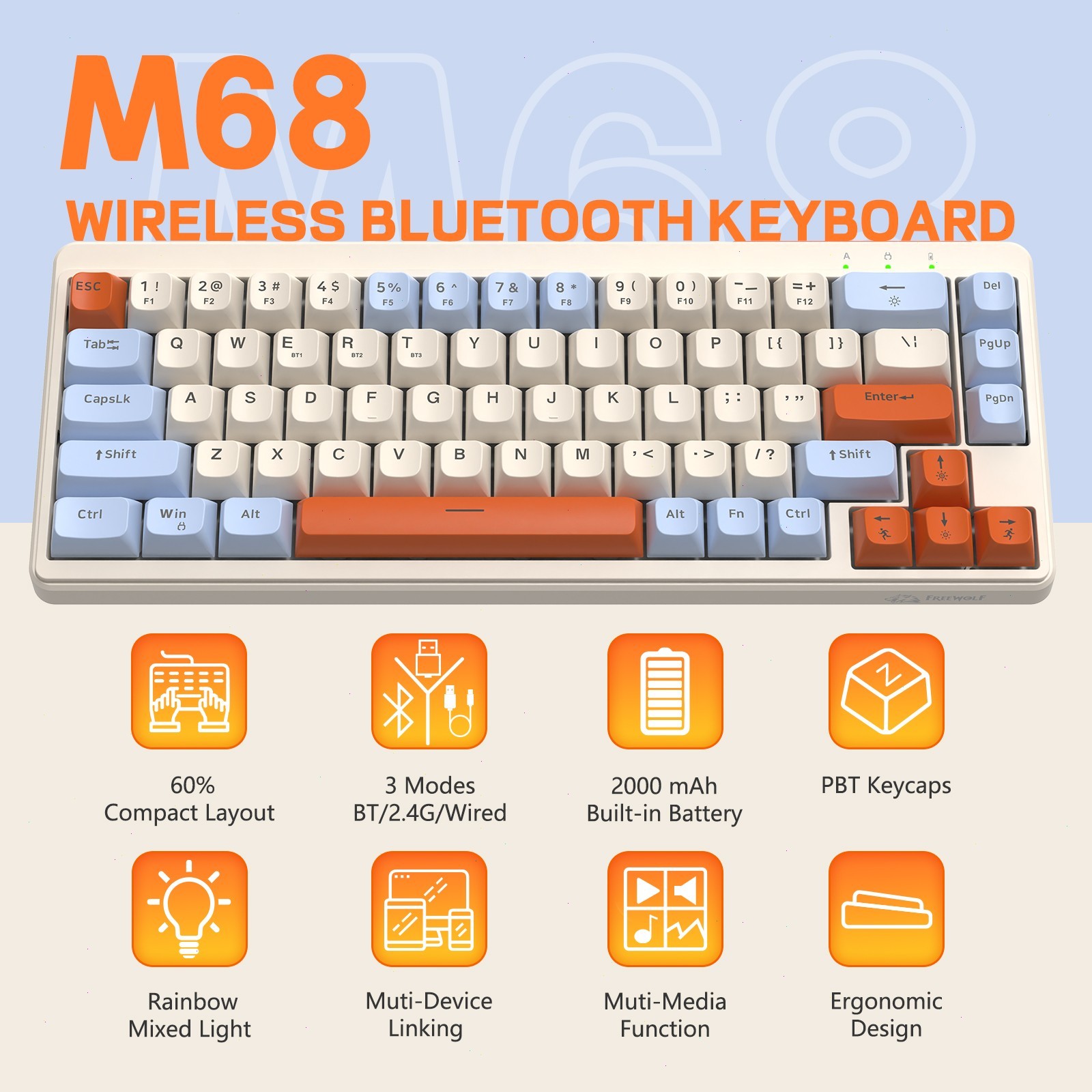 65% Wireless Membrane Gaming Keyboard Rainbow LED Backlit Silent for Win/Mac
