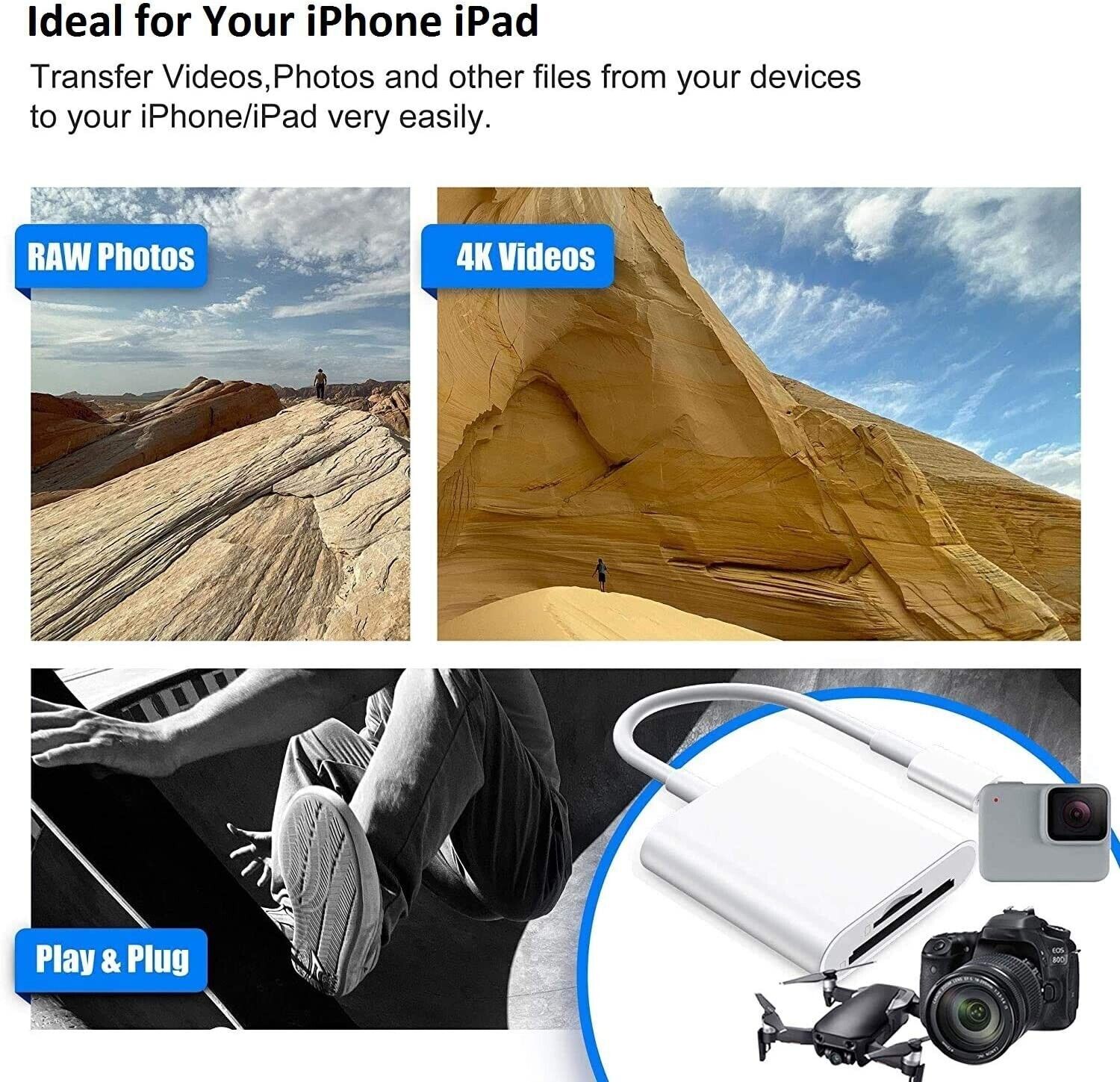 TF/SD Card Adapter Camera Reader for iPad iPhone6 7 8 Plus 13 14 17 Pro X Xs LOT