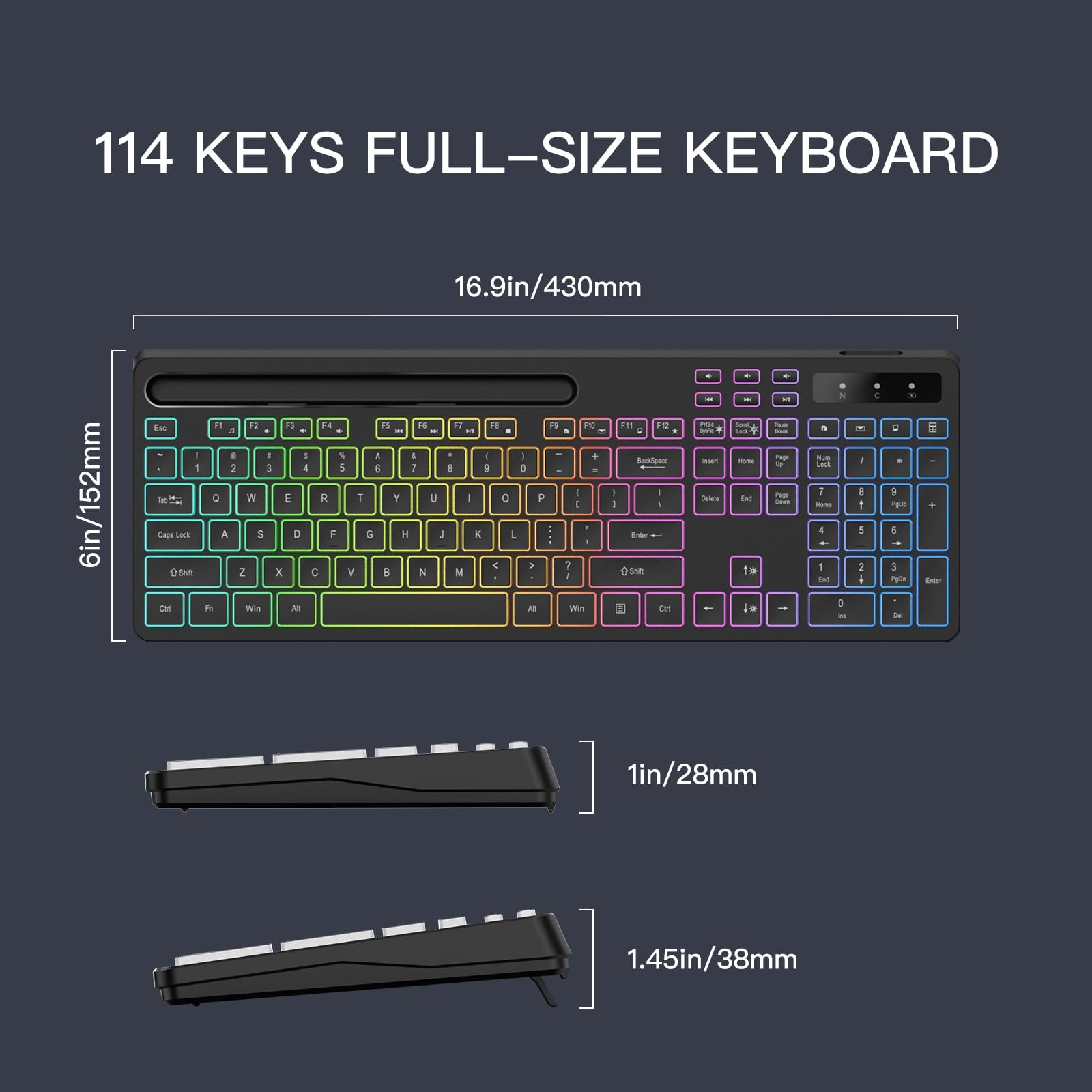 Wireless Keyboard with 7-Color RGB Backlit, Full-Size Computer Keyboard with …