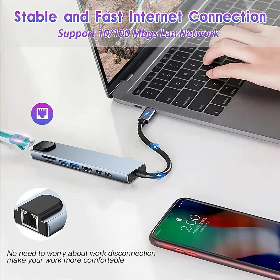 8 in 1 USB-C Hub Type C To USB 3.0 4K HDMI PD Adapter For iPhone Macbook Pro/Air