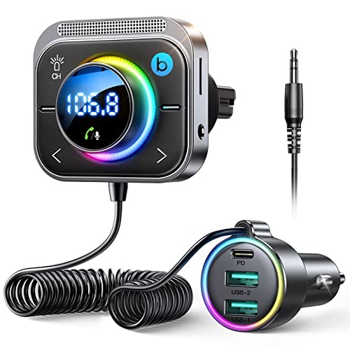 96W FM Transmitter Bluetooth 6.0 Car Adapter Aux with 3 Charging Black