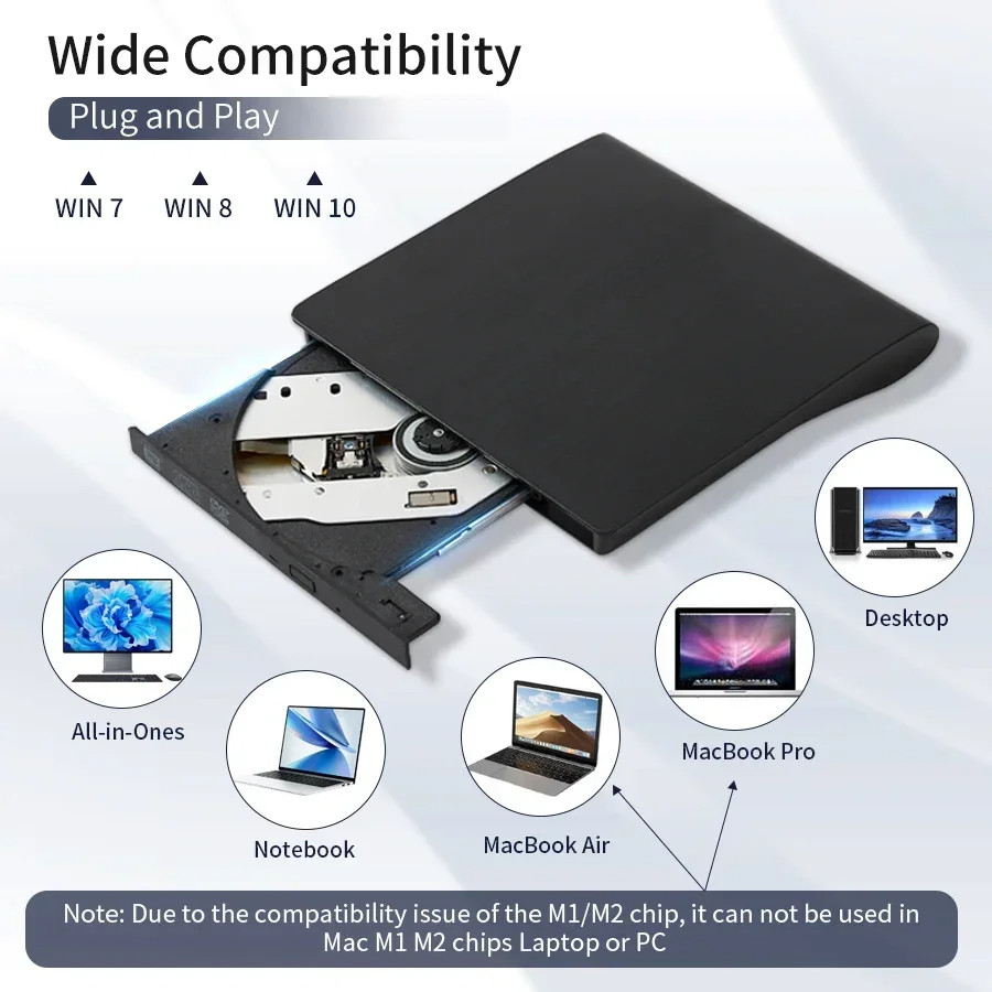 Slim External CD/DVD Drive USB 3.0 Player Burner Reader for Laptop PC Mac HP US