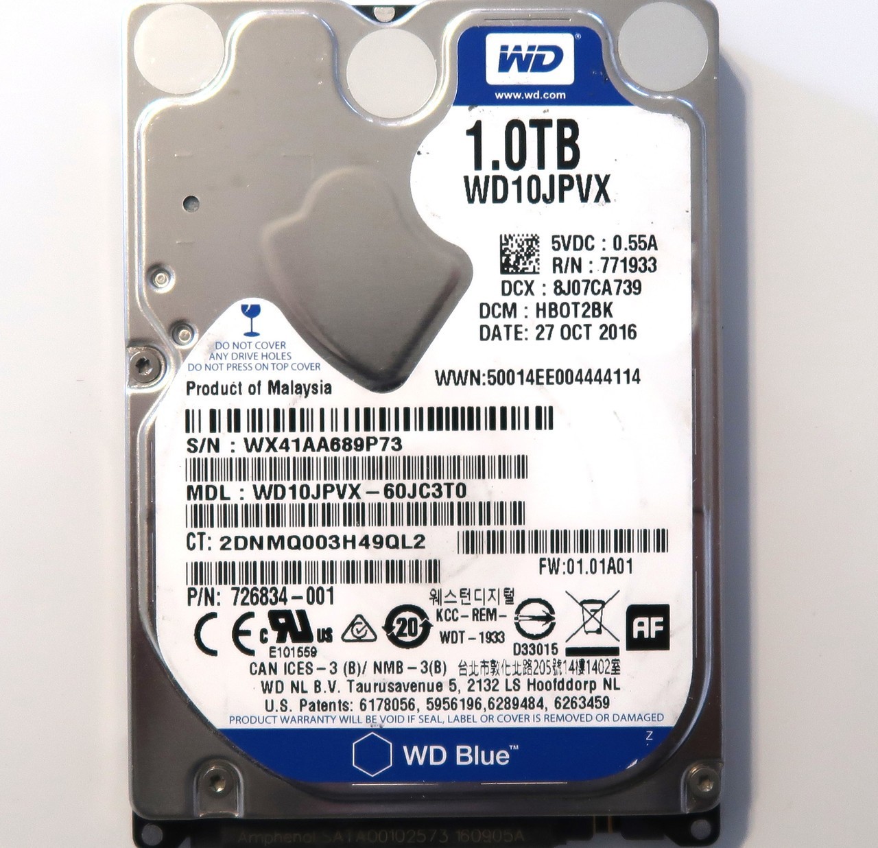WD WD10JPVX-60JC3T0 DCM: HB0T2BK (WX41) Malaysia 2.5″ 1000gb Sata 10/2016