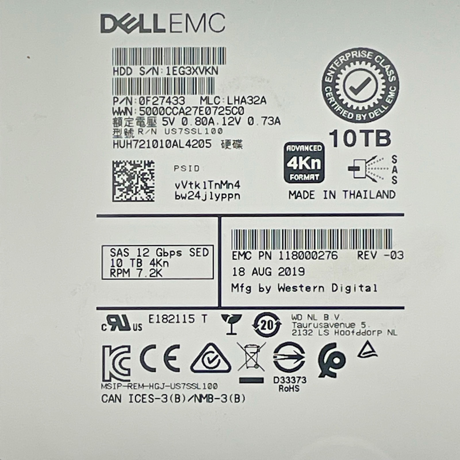 Dell EMC WD-HITACHI H5H72101CLAR10T0 10TB 7.2K SAS 12Gb/s SED 3.5in A POH 0-50k