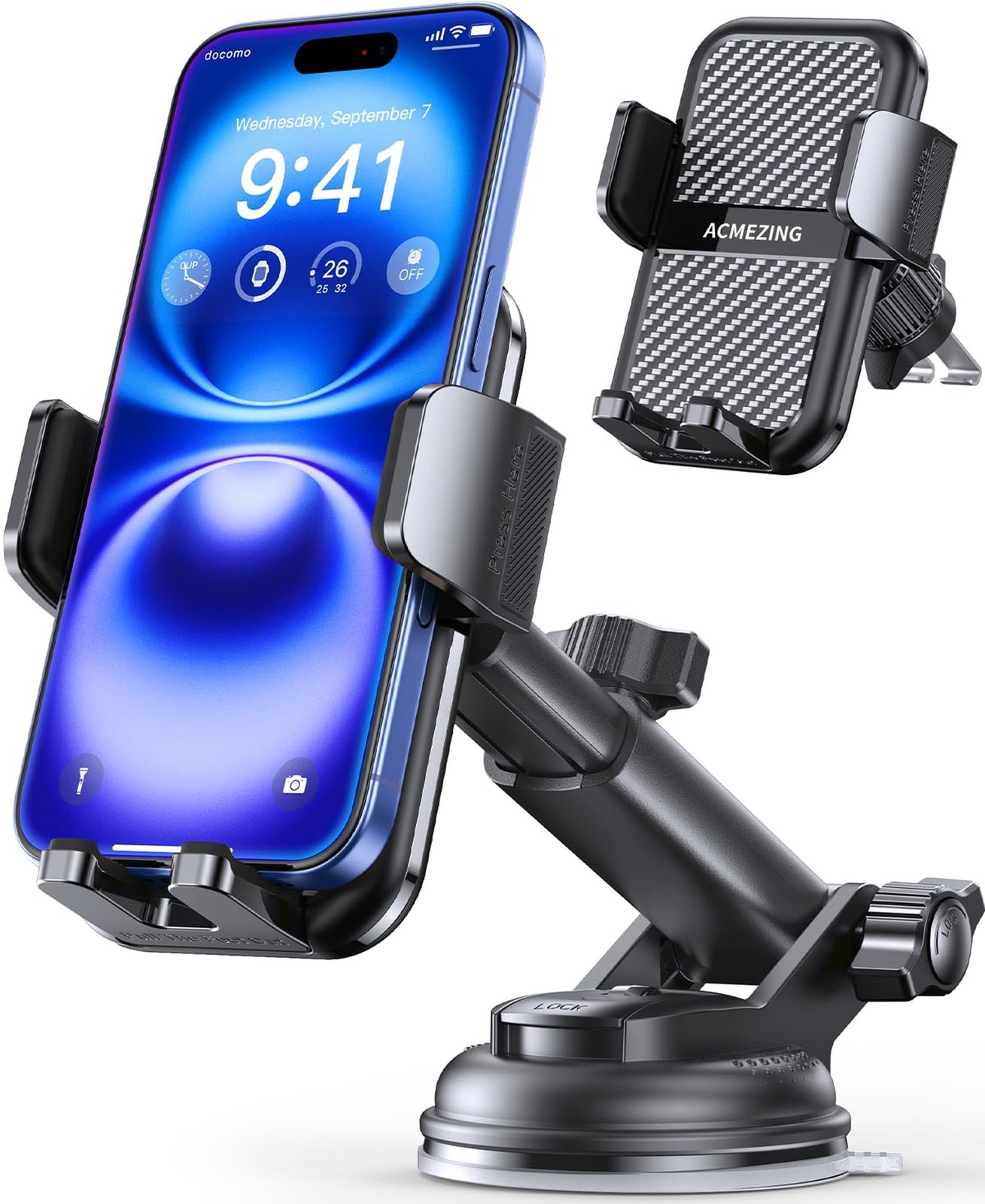 3-in-1 Car Phone Holder [122+LBS Strongest Suction & Stable Clamp Arm] 360°