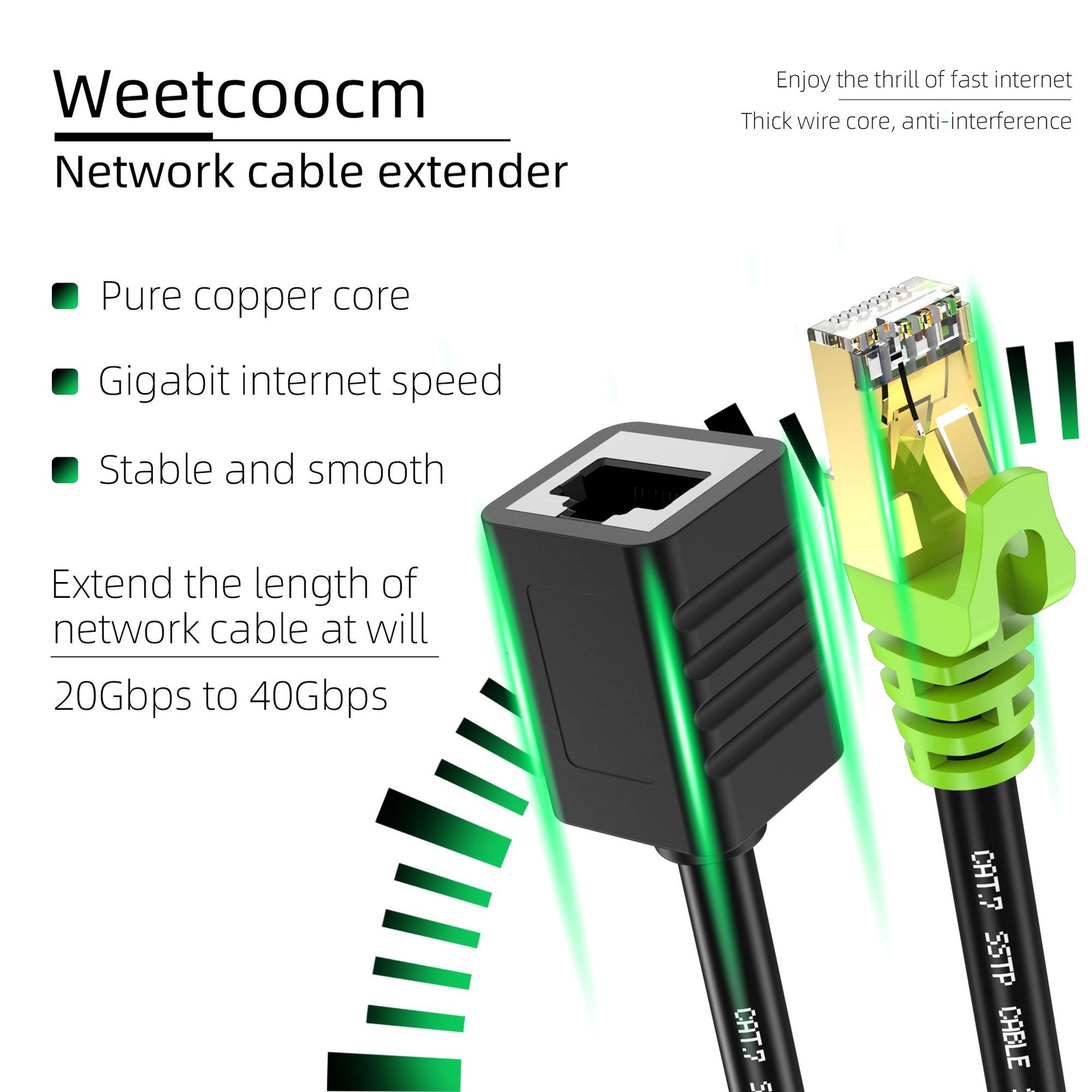 Cat6a Ethernet Extension Cable 3ft RJ45 Shielded Male to Female Patch Cord