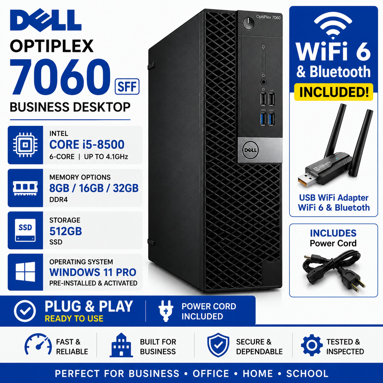 Dell OptiPlex 7060 SFF i5-8500 512GB SSD Win 11 Pro WiFi Bluetooth Desktop PC