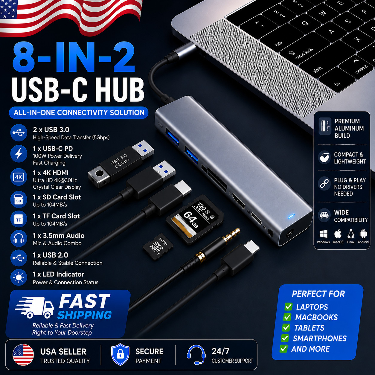 8 in 2 USB Type C Hub Dock 3.5mm Audio SD Card Reader Adapter Converter