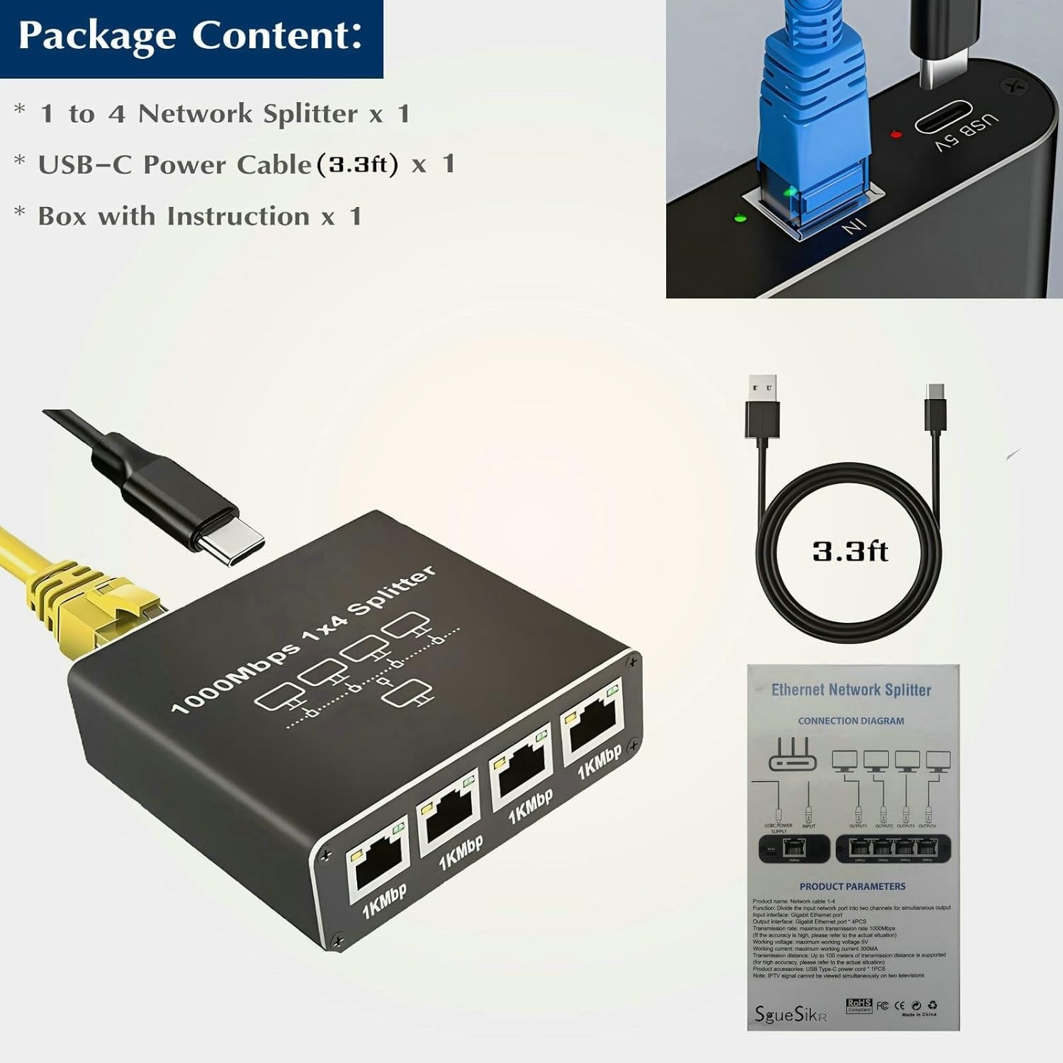 Gigabit Ethernet Splitter RJ45 LAN Network Adapter 1 to 4 Port 1000Mbps for PC