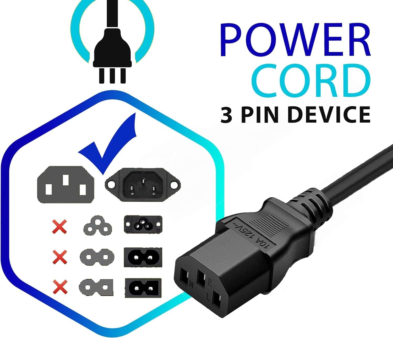 Lot of 3 Prong AC Power Cord Standard Electrical Cable Universal 3FT 5FT 10FT