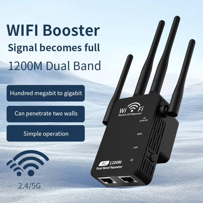 WiFi Extender Booster 1200Mbps, Dual Band 5GHz/ 2.4GHz with 3 Modes/4 Antennas