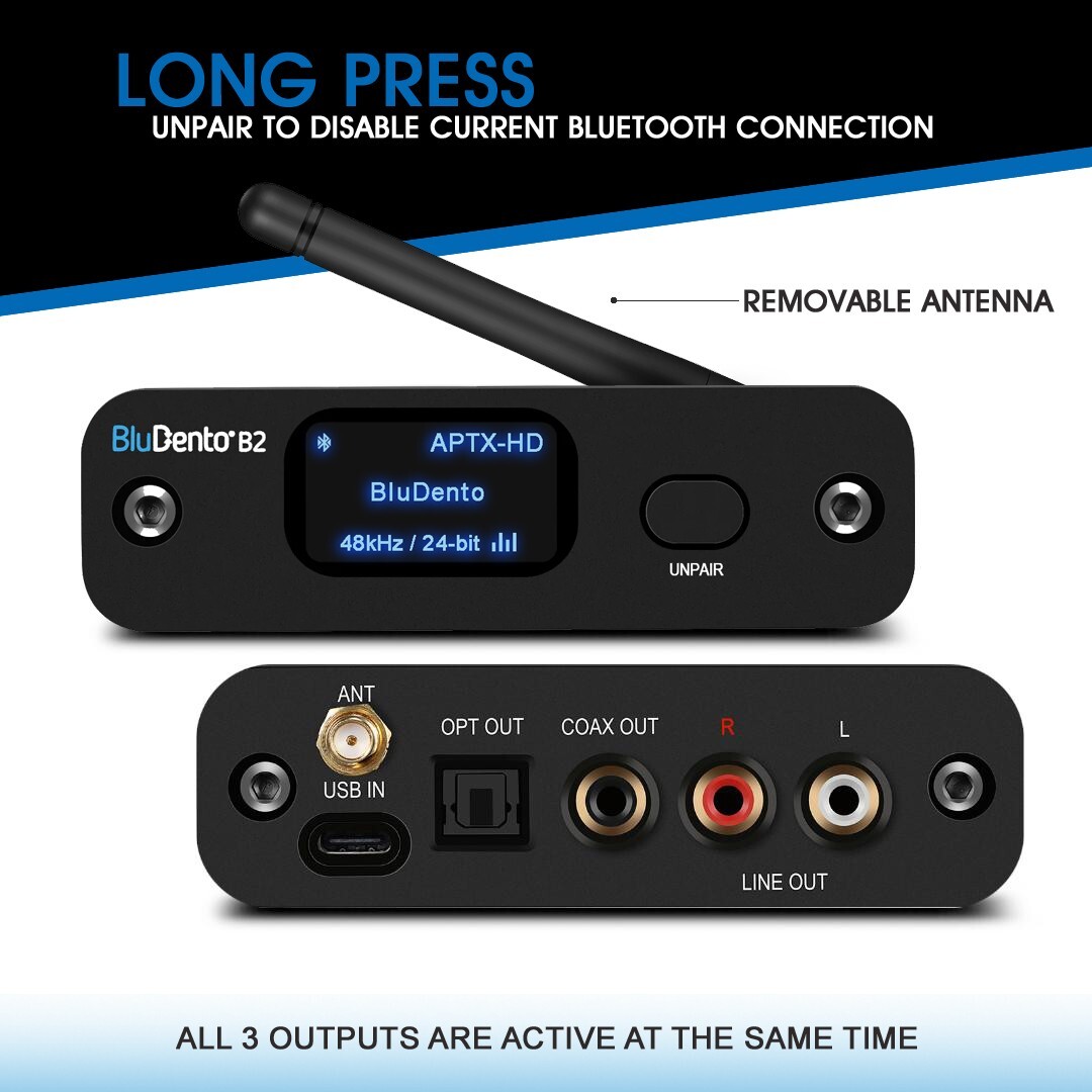 BluDento B2 True Hi-Fi aptX HD LDAC Bluetooth Audio Receiver Toslink Coaxial
