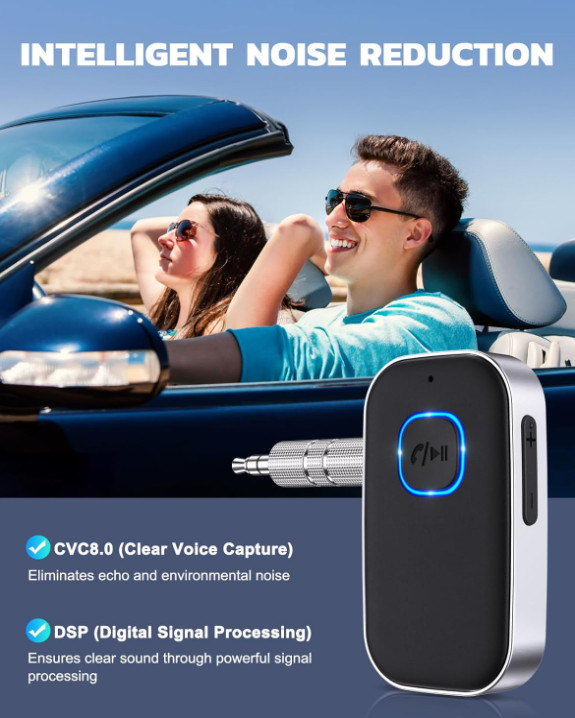 Receptor Bluetooth 5.3 para Auto AUX 3,5 mm con Cancelación de Ruido 16 h