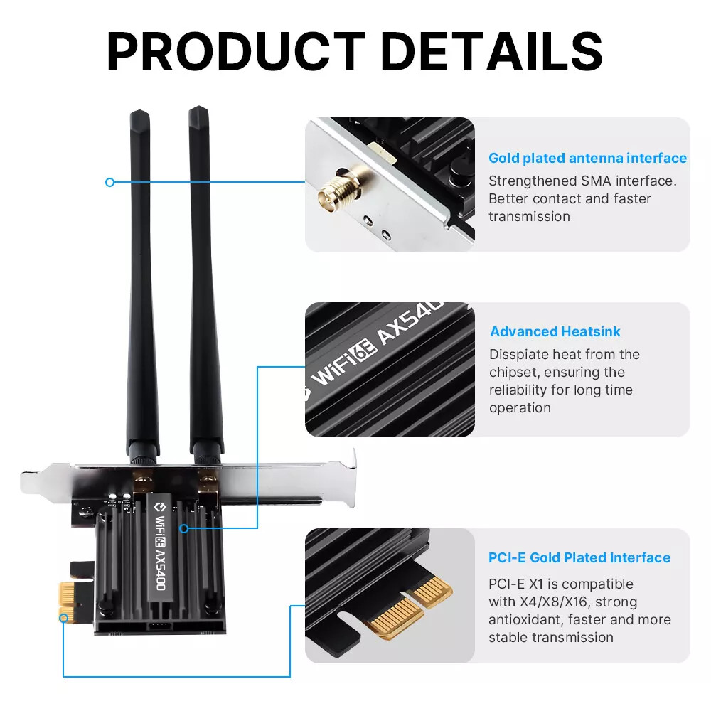 AX5400 WiFi 6E PCIe Card for Gaming Desktop 5400Mbps Tri-Band Bluetooth 5.3 6GHz