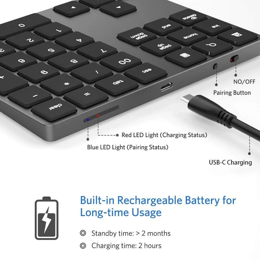 Bluetooth Number Pad Wireless USB-C Rechargeable 34-Keys for MacBook/PC