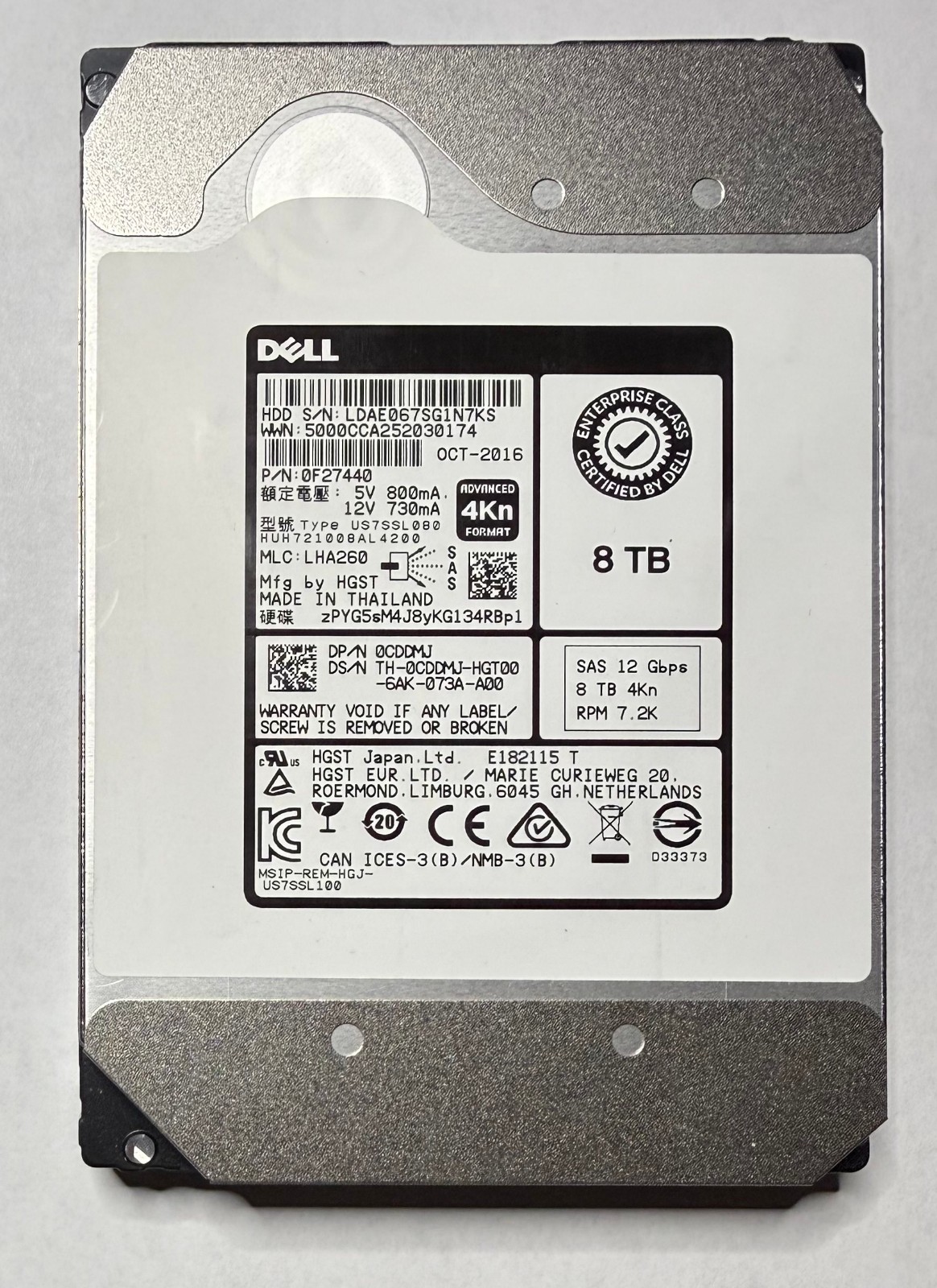 Dell HGST 8TB 7.2K RPM SAS 12Gbps 3.5in 4Kn HDD HUH721008AL4200