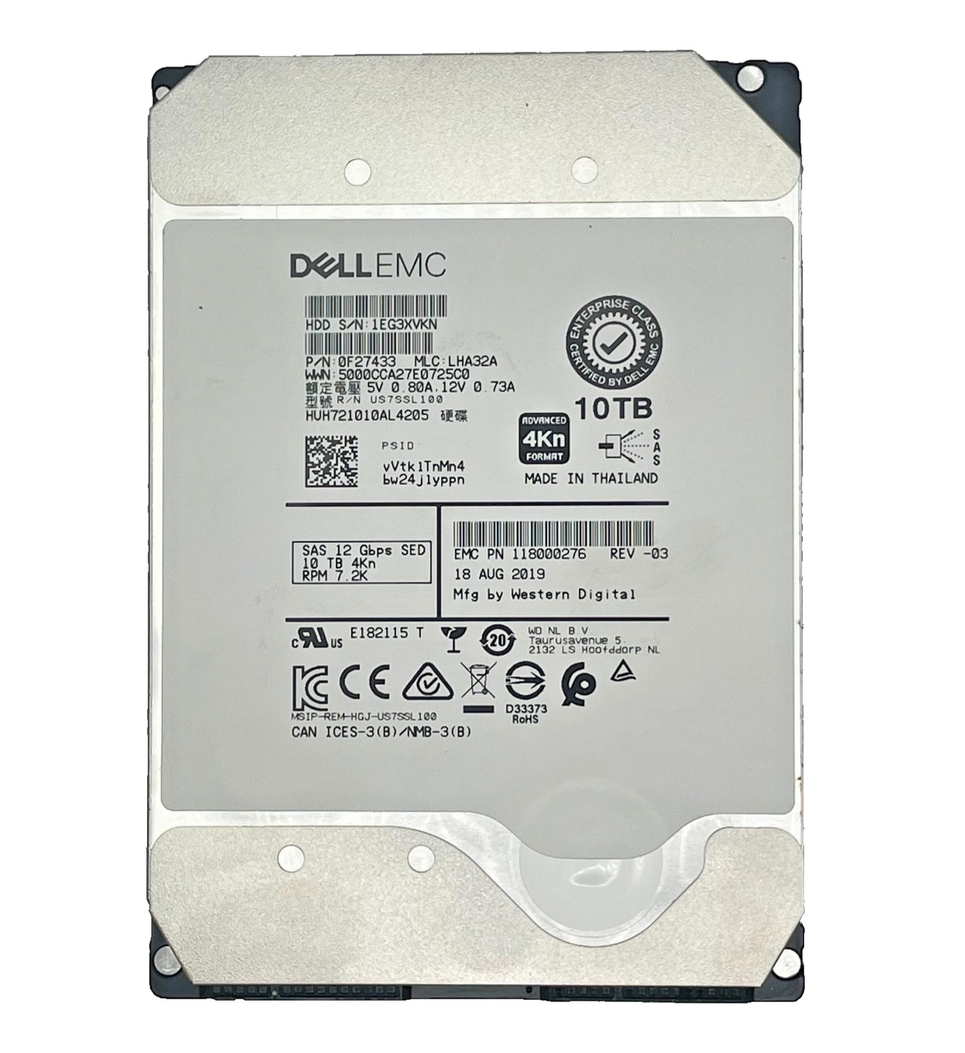 Dell EMC WD-HITACHI H5H72101CLAR10T0 10TB 7.2K SAS 12Gb/s SED 3.5in A POH 0-50k