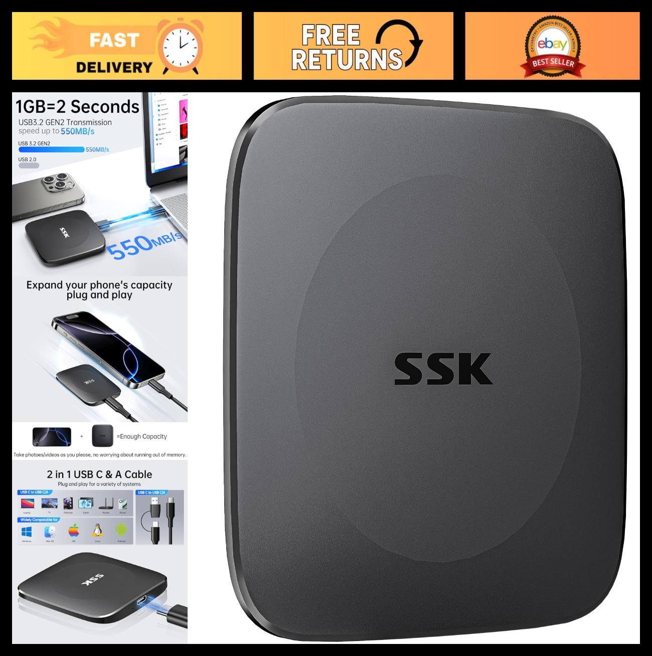 128GB Portable SSD External Drive, 550MB/s Fast USB 3.2 Type C & A Storage for i