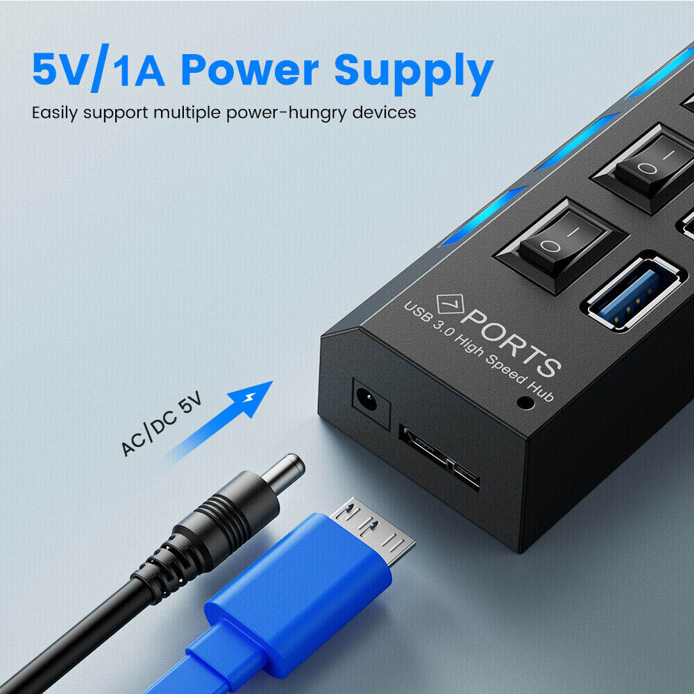 USB 3.0 Hub 7 Port On/Off Switch High Speed Splitter AC Adapter Cable PC Laptop
