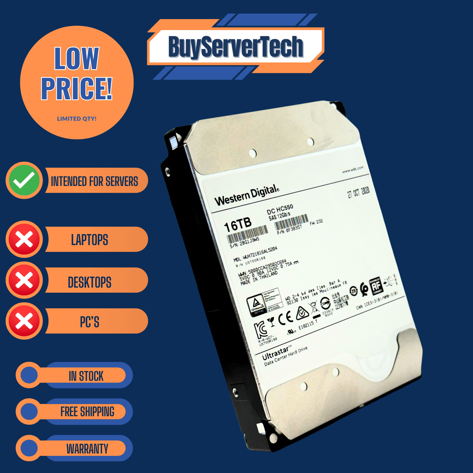 WD 0F38357 16TB HC550 7.2K SAS 3.5″ HDD WUH721816AL5204 | Grade A | 1YR