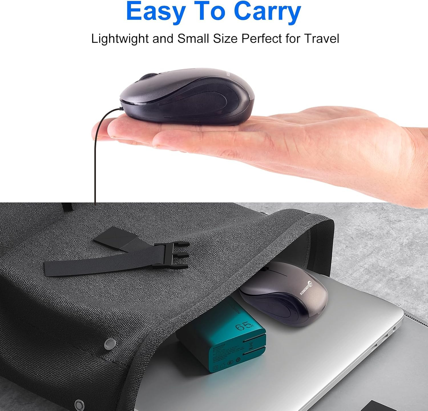USB Wired Mini Mouse,Small Travel Mice Corded with Retractable Cable-Gray