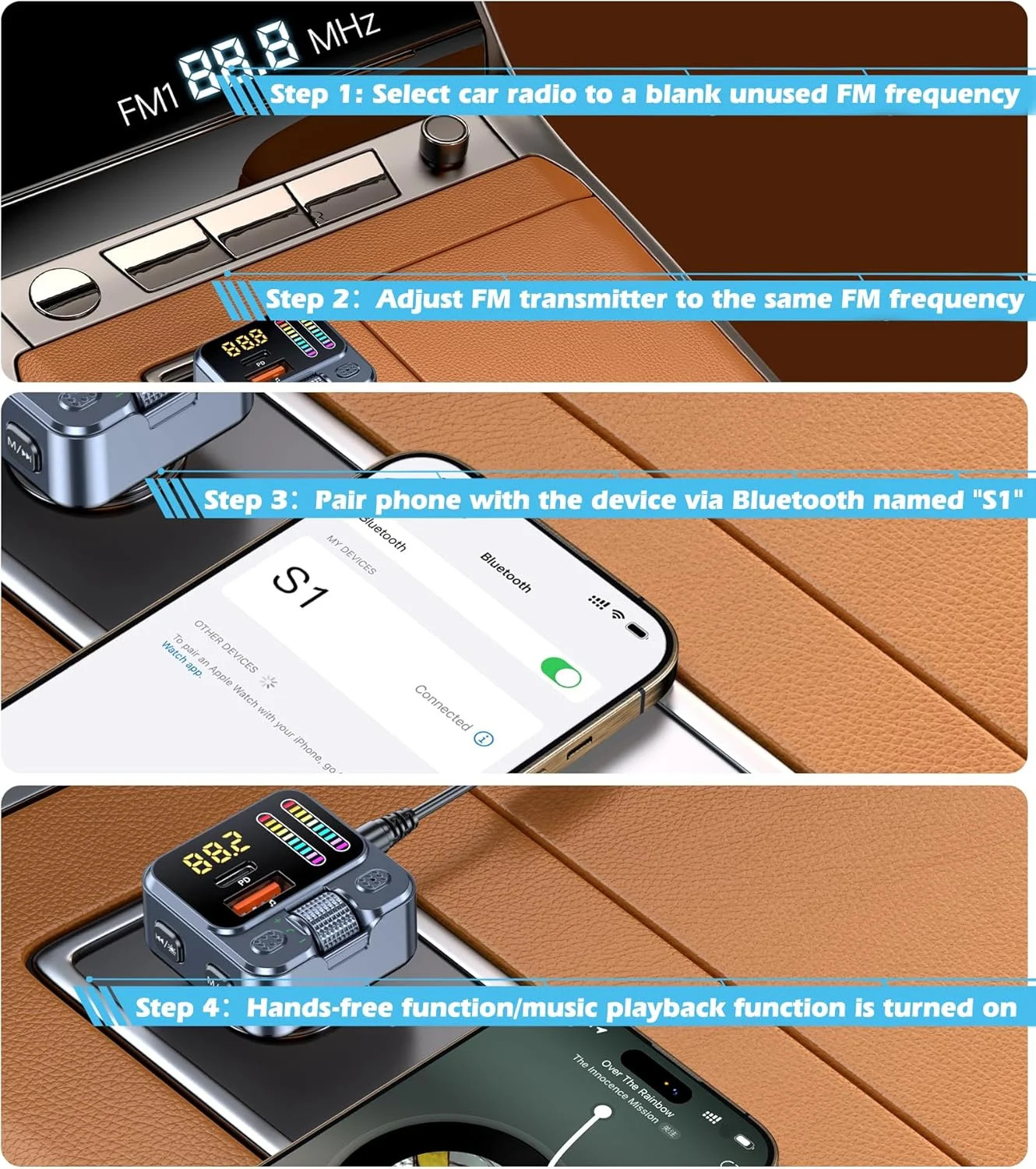 Bluetooth 5.3 FM Transmitter Car Adapter 42W PD Fast Charger Handsfree