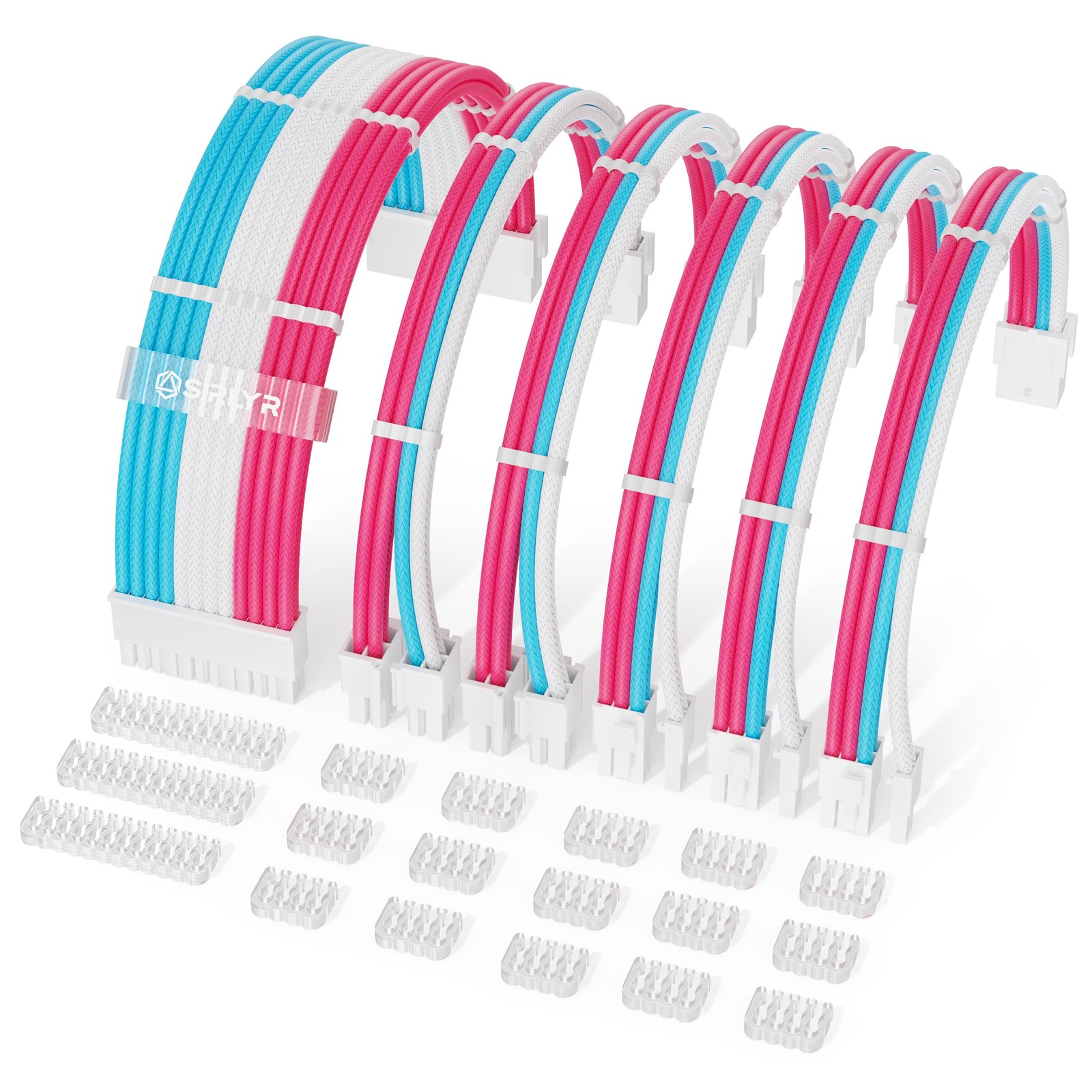 Pink/Blue/White 30cm Sleeved PSU Cable Extension Kit 16AWG with Pre-Bent Design