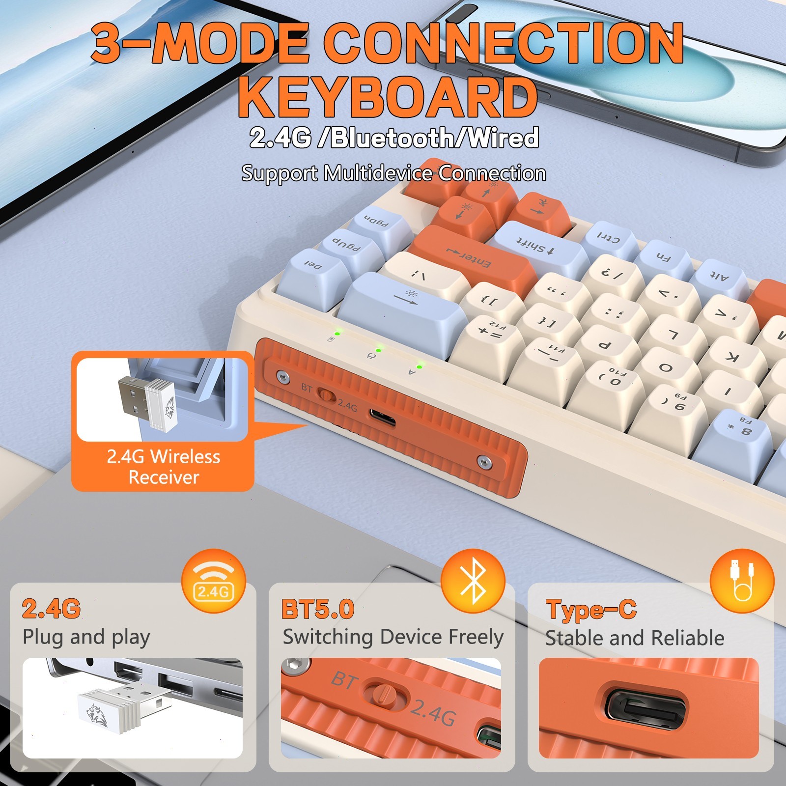 65% Wireless Membrane Gaming Keyboard Rainbow LED Backlit Silent for Win/Mac