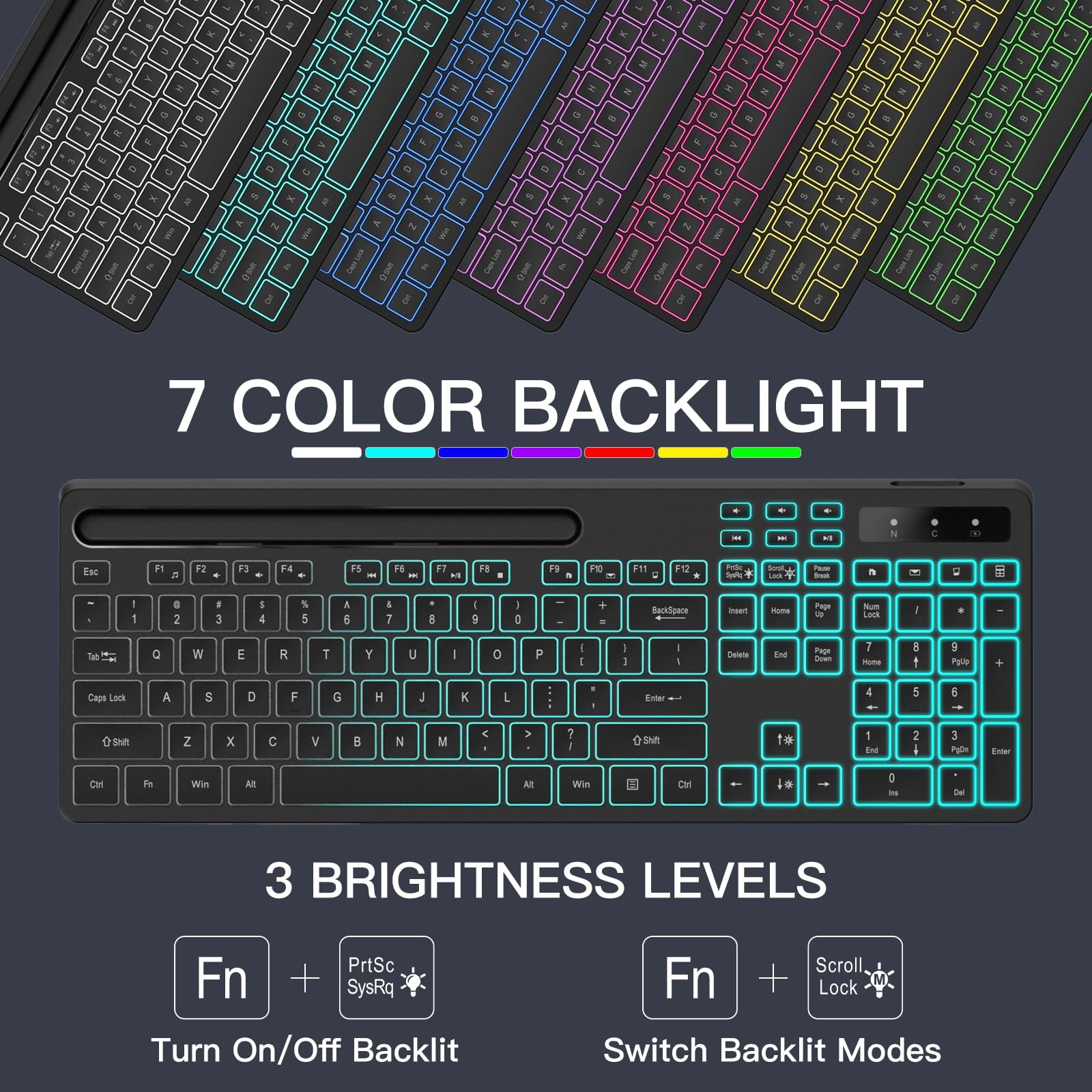 Wireless Keyboard with 7-Color RGB Backlit, Full-Size Computer Keyboard with …
